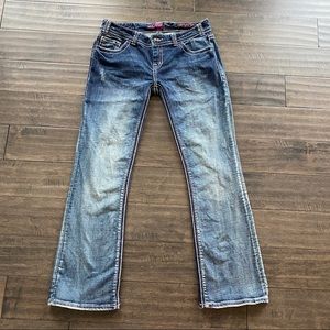 Rock & Roll Cowgirl Low Rise Bootcut Jeans Flap pockets Sz 31 x 32 Thick Stitch